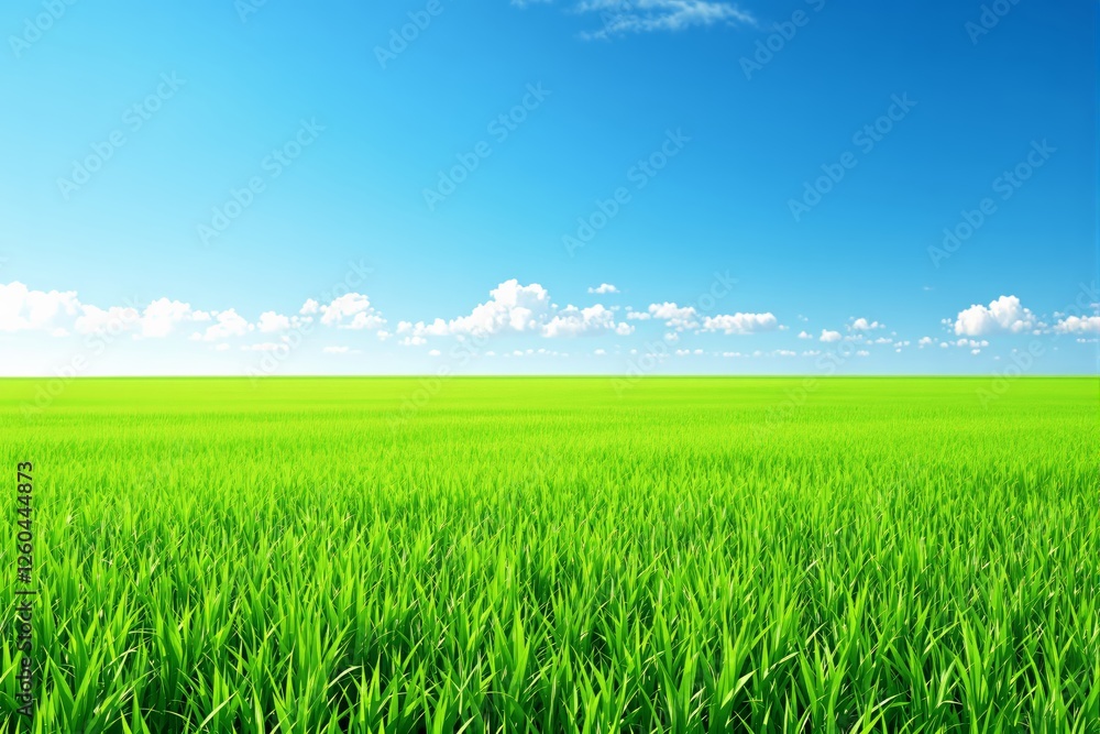 Vibrant green grass field stretching to the horizon under a bright blue sky with scattered white clouds, creating a peaceful and natural background. Ai generative Vibrant green grass field stretching to the horizon under a bright blue sky with scattered white clouds, creating a peaceful and natural background. Ai generative