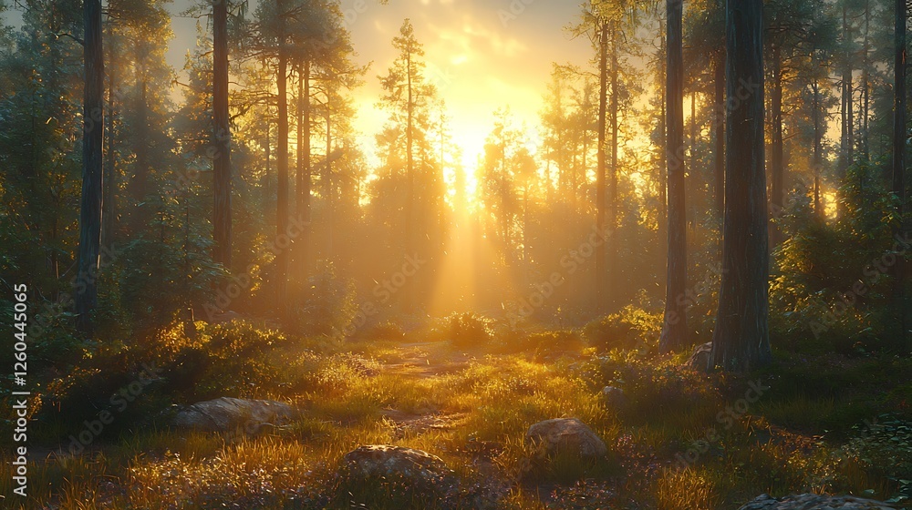 Naklejka premium Sunset in pine forest, golden light rays, peaceful nature scene, ideal for travel brochures