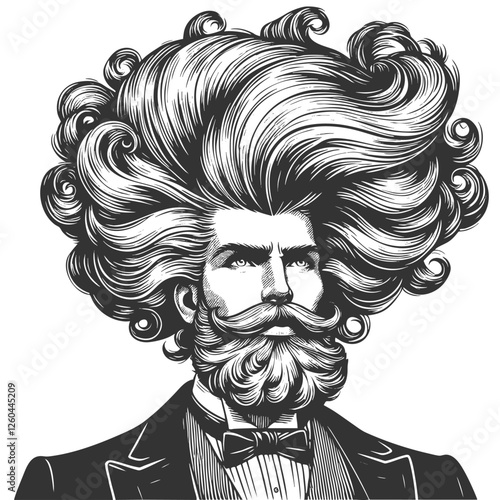 gentleman with an incredibly large, curly hairstyle, blending humor, surrealism, and vintage artistic style sketch engraving generative ai vector illustration. Scratch board. Black and white image.