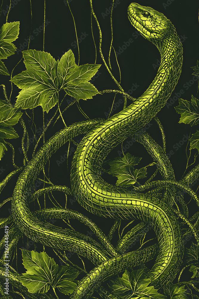 Obraz premium Green Snake Among Lush Leaves, Nature Wildlife Concept