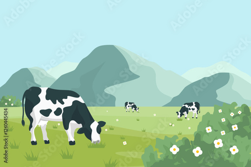 A peaceful vector farm background with green fields, a grazing dairy cow, and distant mountains. Perfect for agricultural and rural-themed designs.
