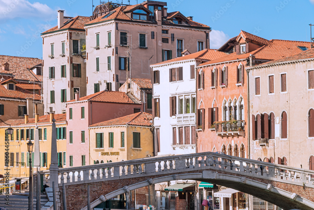 Inland canals with their bridges and old buildings are the waterways of Venice, Italy, 2019 Inland canals with their bridges and old buildings are the waterways of Venice, Italy, 2019