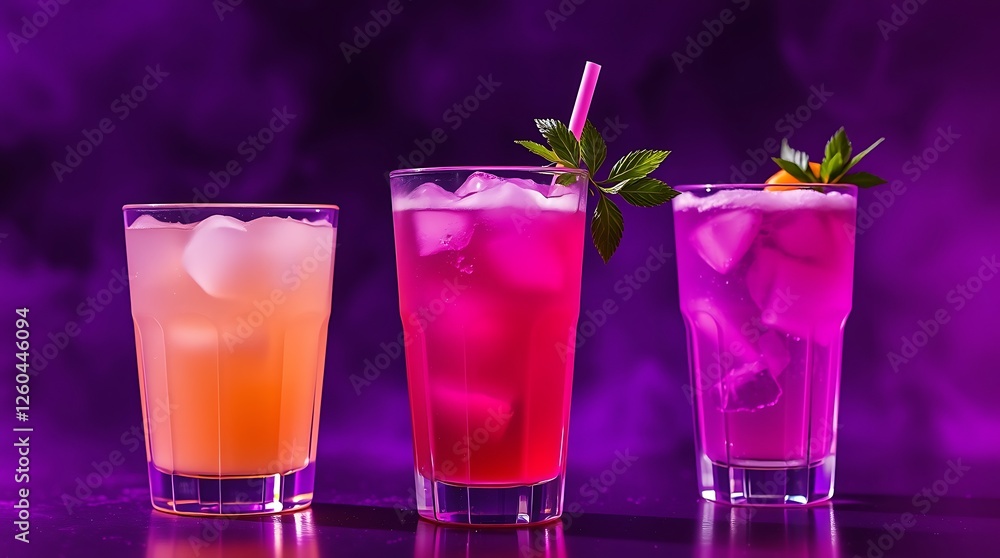 Group of three soft drinks in various glasses with garnish Group of three soft drinks in various glasses with garnish