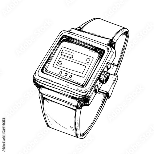 Retro digital watch design in hand-drawn vector illustration style showcasing a unique combination of technology and vintage aesthetics