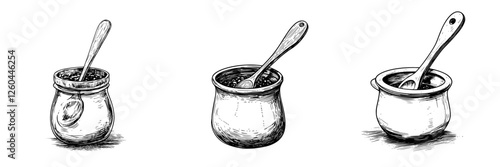Hand-drawn vector illustration of three jars with spoons showcasing traditional kitchen utensils and homemade ingredients
