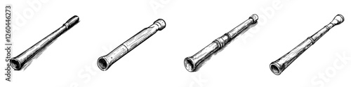 Hand drawn vector illustration of four different styles of wooden flutes lined up for display