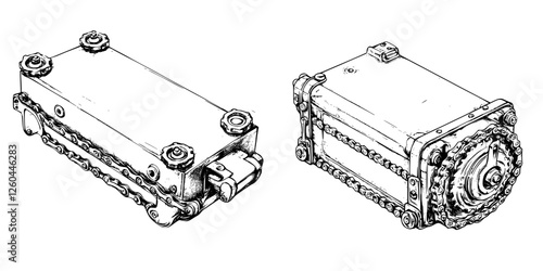 Vector illustration of a hand-drawn mechanical component showcasing detailed design from multiple angles