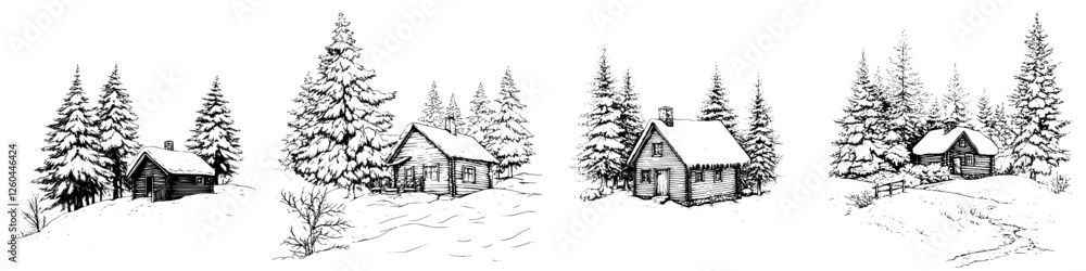 Naklejka premium Winter landscape with snow-covered houses and tall evergreen trees in a serene rural setting