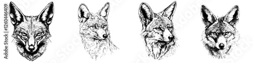 Detailed sketches of four distinct fox heads showcasing unique characteristics and expressions