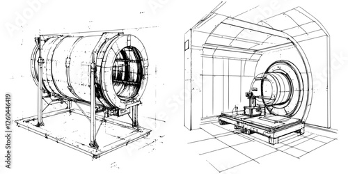 Detailed technical sketches of a cylindrical apparatus and advanced machinery setup in a modern laboratory environment