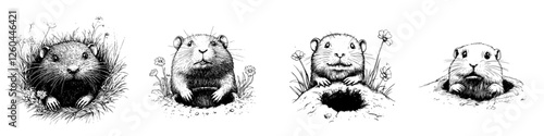 Cute small animals emerging from burrows in a grassy area during daylight hours