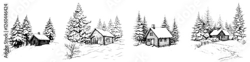 Winter landscape with snow-covered houses and tall evergreen trees in a serene rural setting