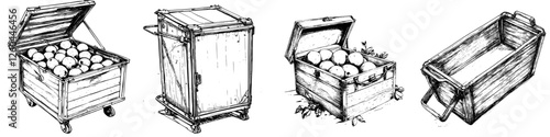 Variety of wooden crates filled with fruit displayed in a rustic setting during harvest season