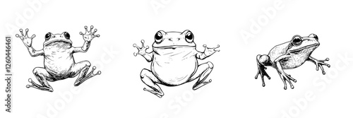 Detailed illustrations of three different frog species showcasing unique characteristics and postures in black and white