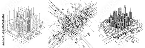 Urban landscapes showcasing interconnected buildings, traffic, and complex road systems during a bustling day