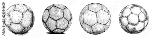 Different styles of soccer balls with unique textures and patterns illustrated on a white background