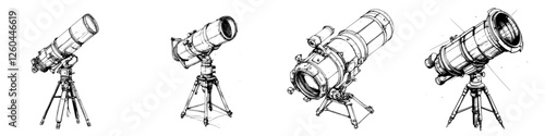 Exploring celestial wonders with detailed sketches of telescopes from various angles showcasing their unique designs and features