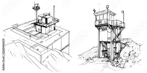 Conceptual design of a secure facility with observation tower in a rugged landscape during daylight