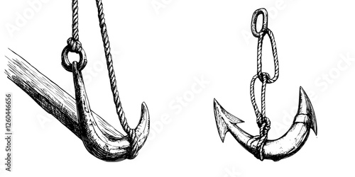 Detailed illustration of fishing hooks with rope highlighting traditional designs for angling enthusiasts