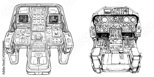 Detailed cockpit design showcases intricate controls and instrumentation for advanced aircraft operation
