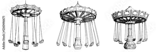Vintage amusement park swing rides illustrated in detailed line art, showcasing three unique designs and structures from a bygone era