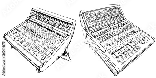Sketch of vintage music synthesizers with extensive controls and knobs