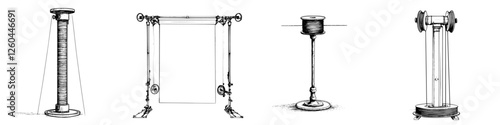 Various designs of early electrical machines illustrating principles of electromagnetism in a historical context
