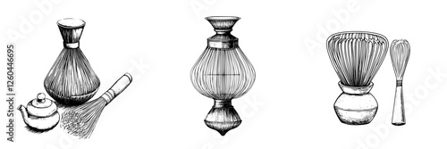 Traditional tea ceremony utensils featuring a teapot, whisk, and decorative container