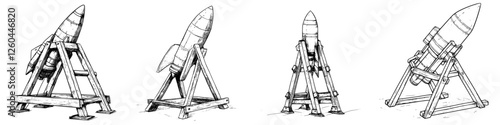 Conceptual designs of a vintage rocket launcher in a series of angles showcasing its structure and mechanics