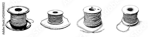 Different types of spools with thread arranged in a row showcasing various materials and designs