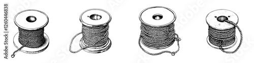 Various spools of thread display different amounts in a vintage illustration style
