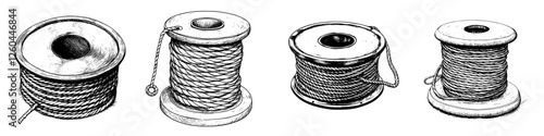 Different types of spools with various ropes at a craft workshop displayed on a white background