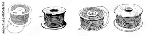 Variety of spools with different wire types displayed on tables in a crafting workspace at noon