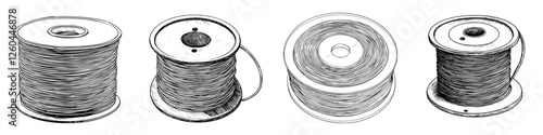 Various spools of thread displayed in different orientations on a light background