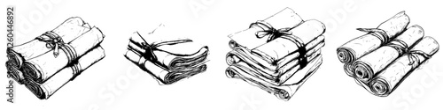 Creative sketches of neatly tied rolls of parchment stacked in various arrangements on a white background