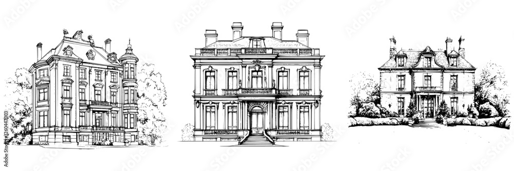 Obraz premium Classic architectural designs showcasing three distinct styles of historic mansions