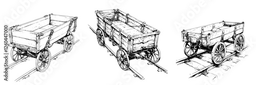 Vintage wooden carts on railway tracks showcasing industrial design and craftsmanship during the 19th century