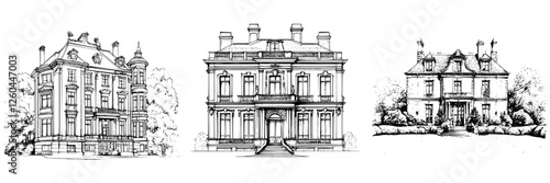 Classic architectural designs showcasing three distinct styles of historic mansions