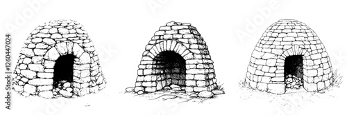 Detailed illustrations of traditional stone kilns showcasing unique architectural features and designs used for pottery
