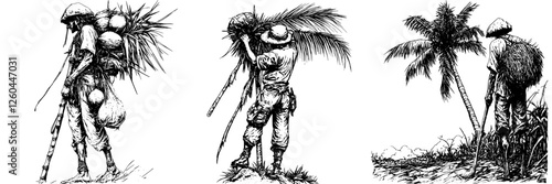 Illustration of harvesters collecting coconuts in tropical landscape during daylight hours