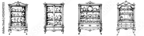 Decorative cabinets showcasing fine glassware and collectibles in an elegant arrangement