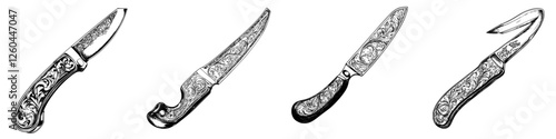 Intricately carved knives showcasing traditional craftsmanship and artistry in metalwork
