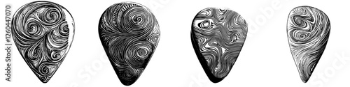 Unique handmade guitar picks with intricate swirling designs made from metal in various shapes and sizes