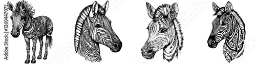 Creative zebra illustrations showcasing intricate designs and patterns in black and white on a minimal background
