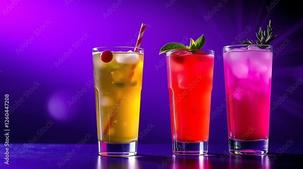 Fototapeta premium Group of three soft drinks in various glasses with garnish