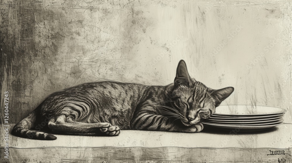 A peaceful cat sleeps atop a stack of plates, portrayed in a vintage-inspired illustration with intricate detail and an aged background. AI generated.