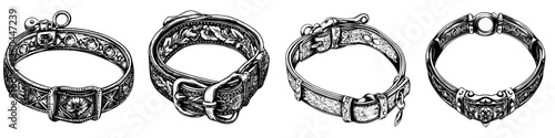 Detailed craftsmanship of vintage jewelry displayed in four elegant bracelets with intricate designs and unique clasps