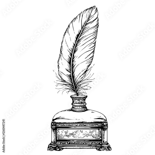 Elegant quill and inkwell resting on a decorative base for classic writing and artistry