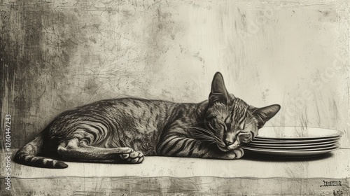 Obraz na płótnie A peaceful cat sleeps atop a stack of plates, portrayed in a vintage-inspired illustration with intricate detail and an aged background. AI generated. w salonie