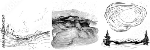 Nature's artistic interpretations in black and white showcase mountains, valleys, and a starry sky with unique linework